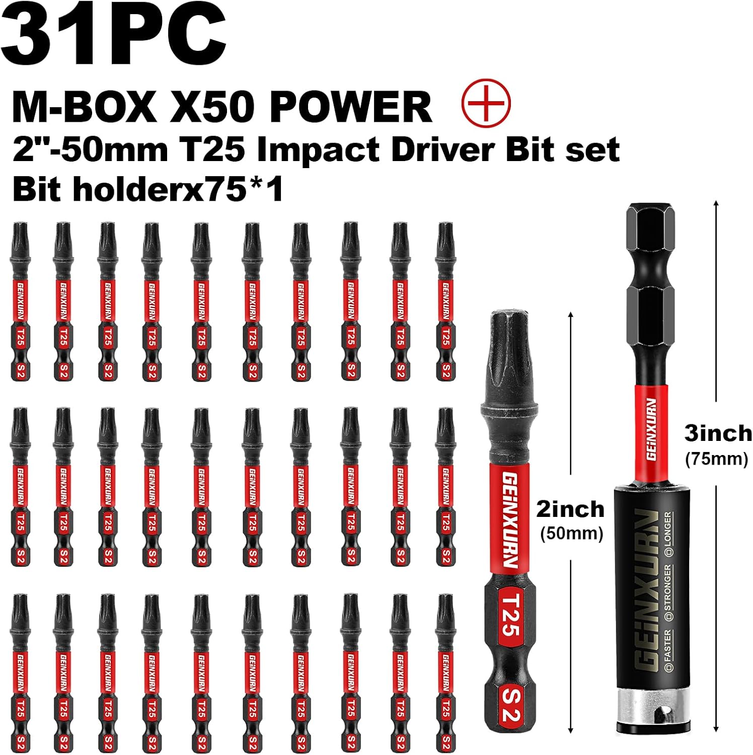 Geinxurn 30 Pieces 2 In. T25 Impact Tough Magnetic Screwdriver Bit Set, #25 Torx Head Power Bits, S2 Alloy Steel Star Bits with 1 Pc Impact Bit Holder and Storage M-Box