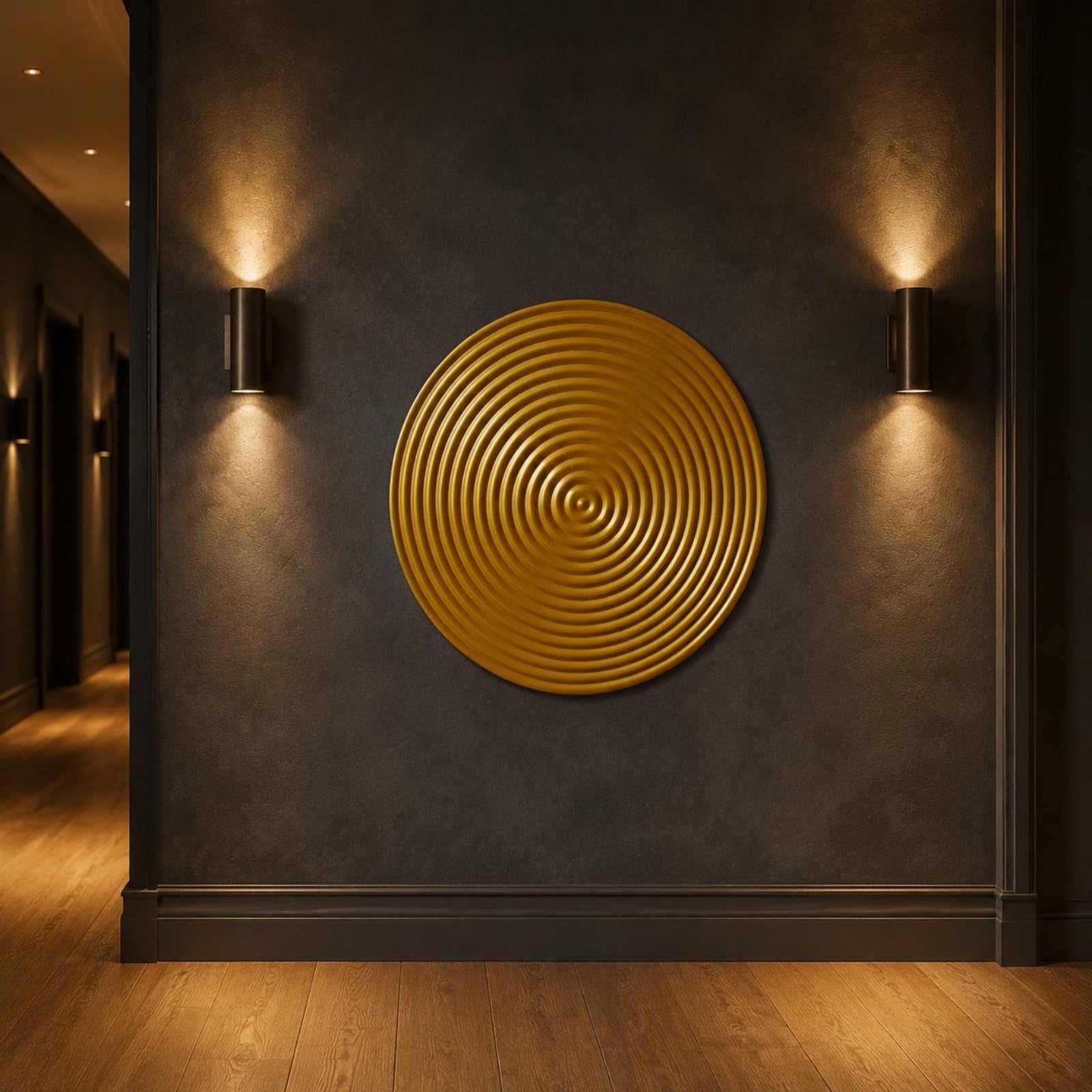 MotiveTech Wandteller Metall Wanddeko Wandplatte Wandrelief Wandkunst aus Eisen mit Kreisrippen Und Erhöhter Mitte in Schimmernder Oberfläche für Wohnzimmer Flur Eingang Büro, Gold