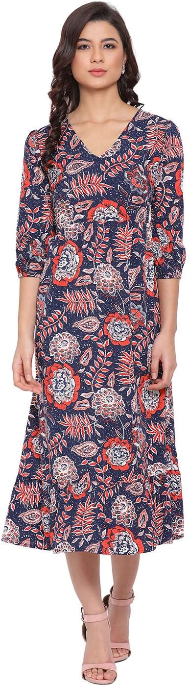 oxolloxo Women Printed 3/4th Sleeve V-Neck Midi Dresses
