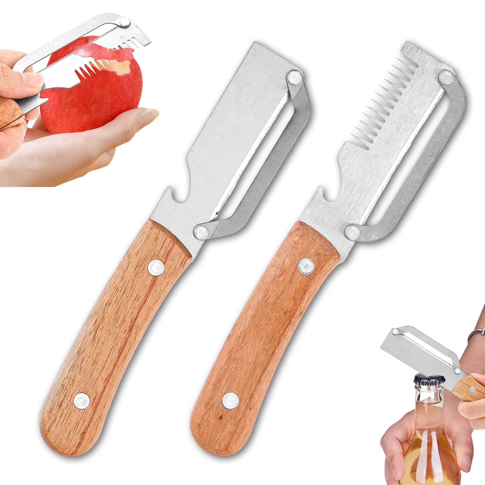 2Pcs Stainless Steel Vegetable Peeler&Shredder Set, Ergonomic Multifunctional Vegetable Peelers with Wooden Handle&Bottle Opener, Kitchen Peeler for Apple Potato Pumpkin Papaya