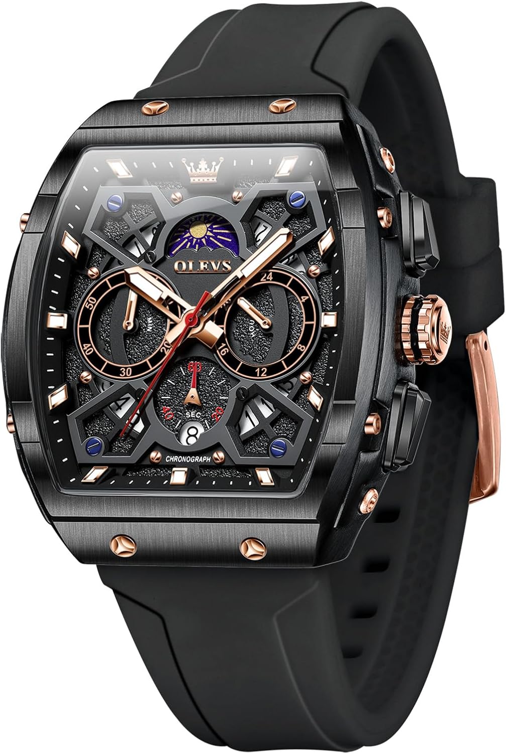 OLEVS Tonneau Square Mens Watches, Fashion Large Face Silicone Band Watches for Men, Multifunctional Chronograph Quartz Men Waterproof Watch