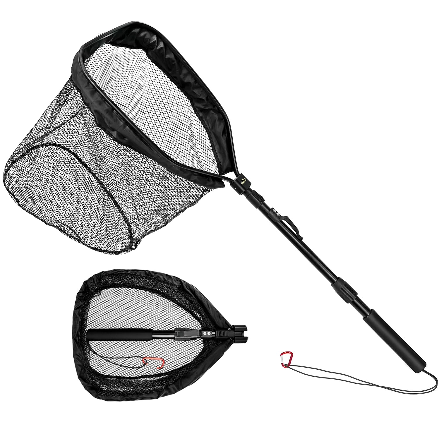 Rubber Coated Foldable Floating Fishing Net for Steelhead, Salmon, Catfish, Bass, Fly, Kayak, Easy Catch & Release with Telescopic Pole and Spring Shackle