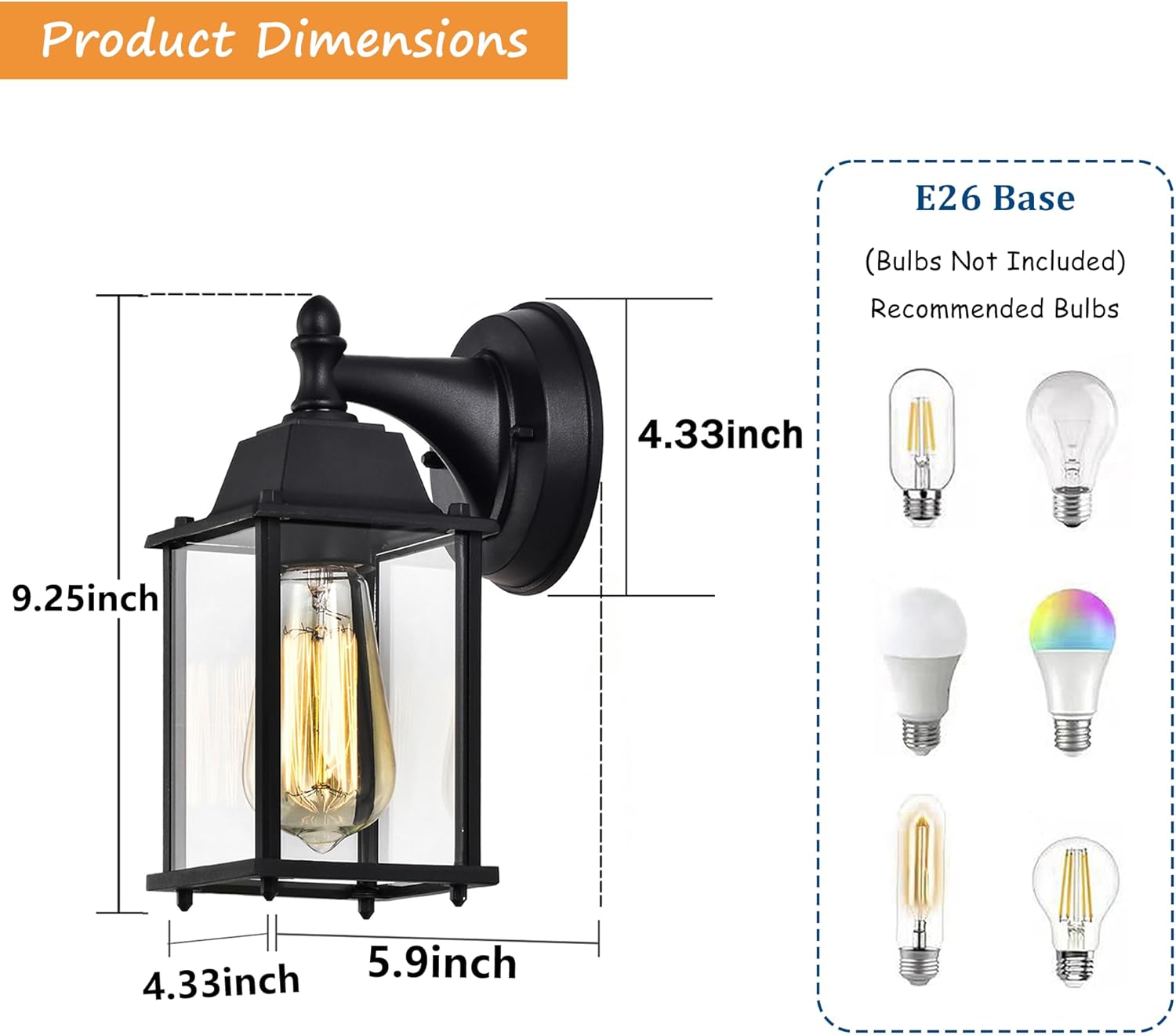 Outdoor Wall Lanterns 2 Pack, Black Exterior Wall Light Fixtures for Porch Front Door, Waterproof Aluminum Outdoor Wall Sconce with Clear Glass, E26 Base Hardwired Patio Garage Entryway Lights