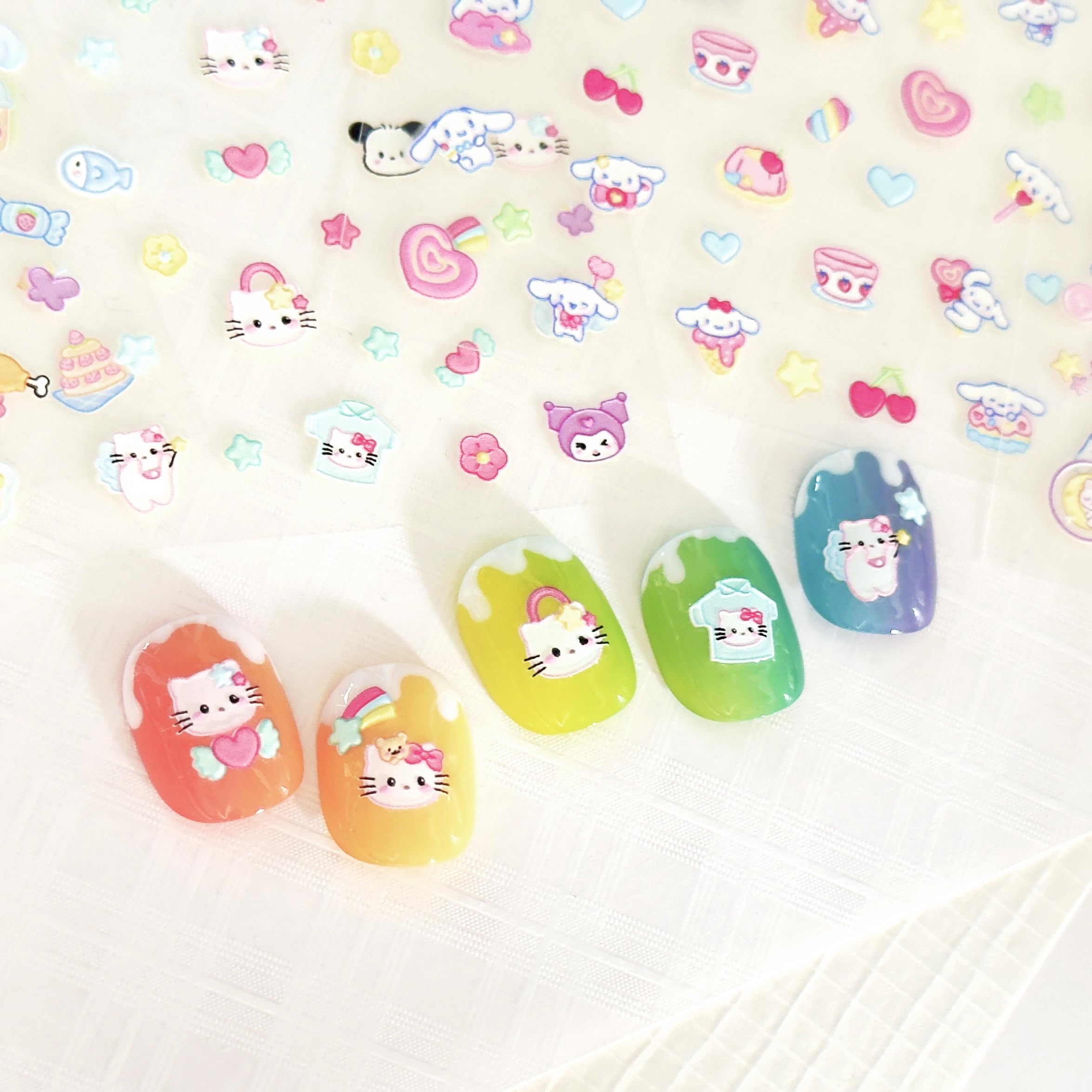 10 fogli di adesivi per unghie 3D, 719 simpatiche decalcomanie per unghie in rilievo, per bambini, tema Kawaii, farfalle, fiori, gatti, conigli, stelle, frutta, luccicanti