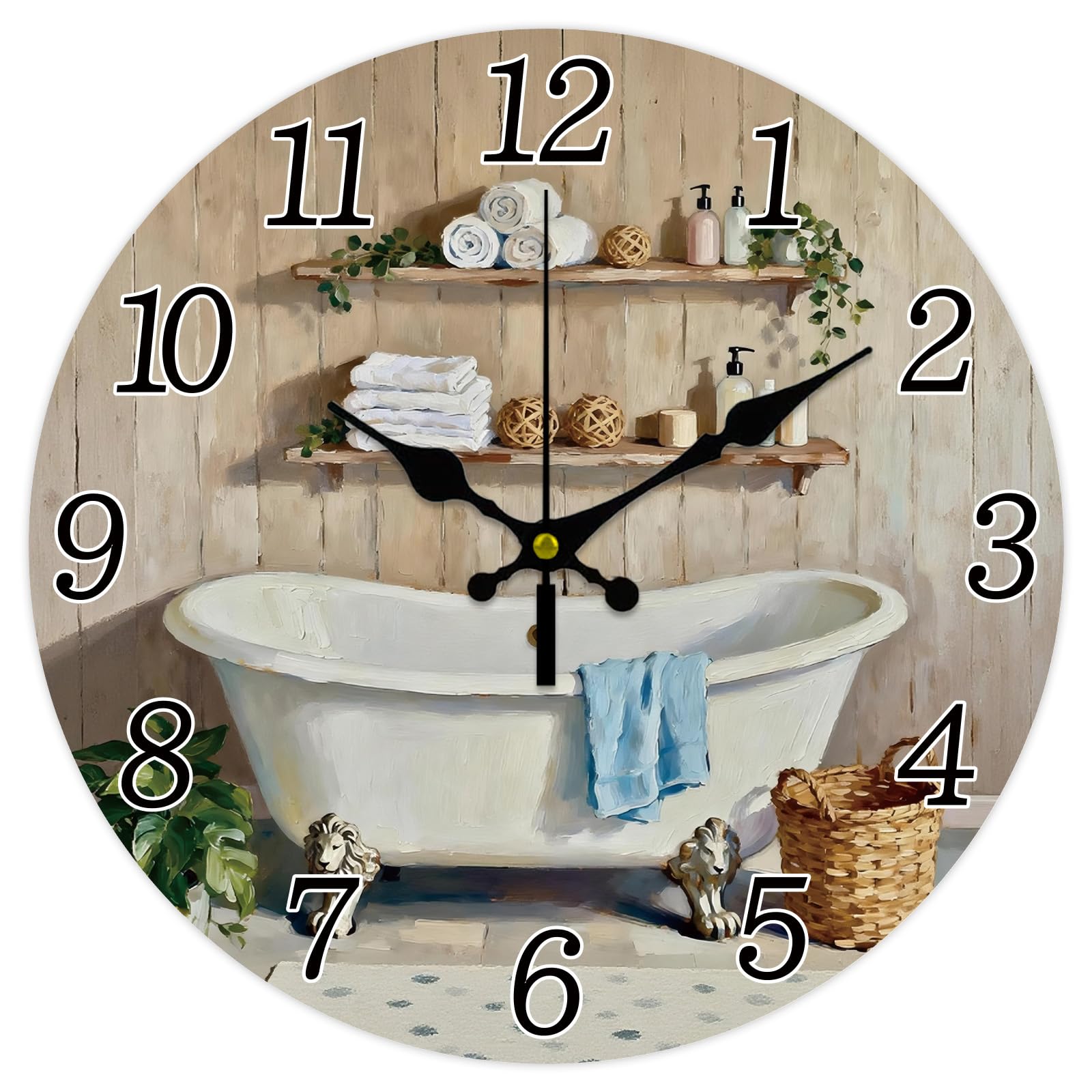 CONCHLERY Wall Clock 12 Inch Round Bathroom Scene Pattern Non-Ticking Hanging Clock for Home Bedroom Living Room Kitchen Office