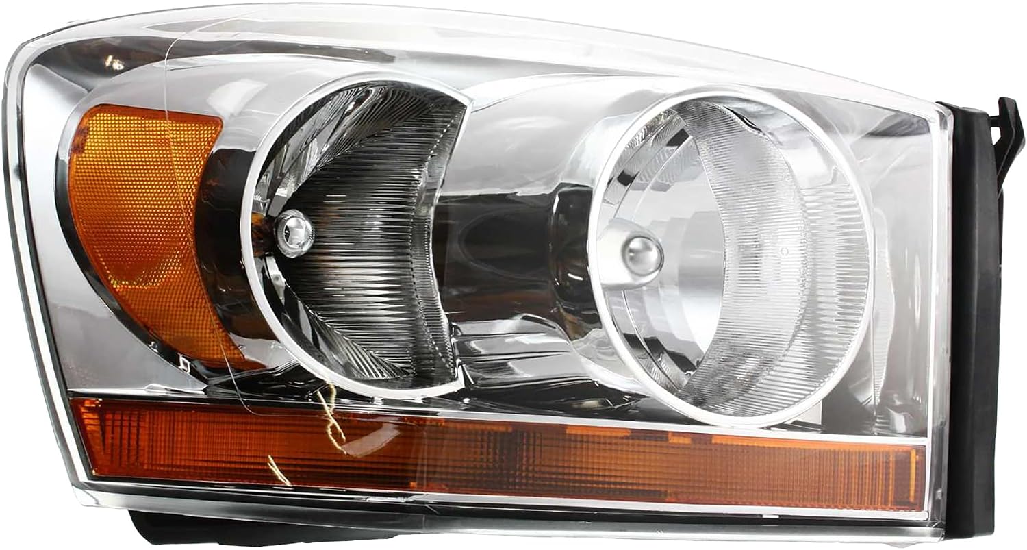 Compatible with 06-09 Ram Truck Halogen Headlight Headlamp Assembly Chrome Interior Bezel with Bulb Right Passenger Side