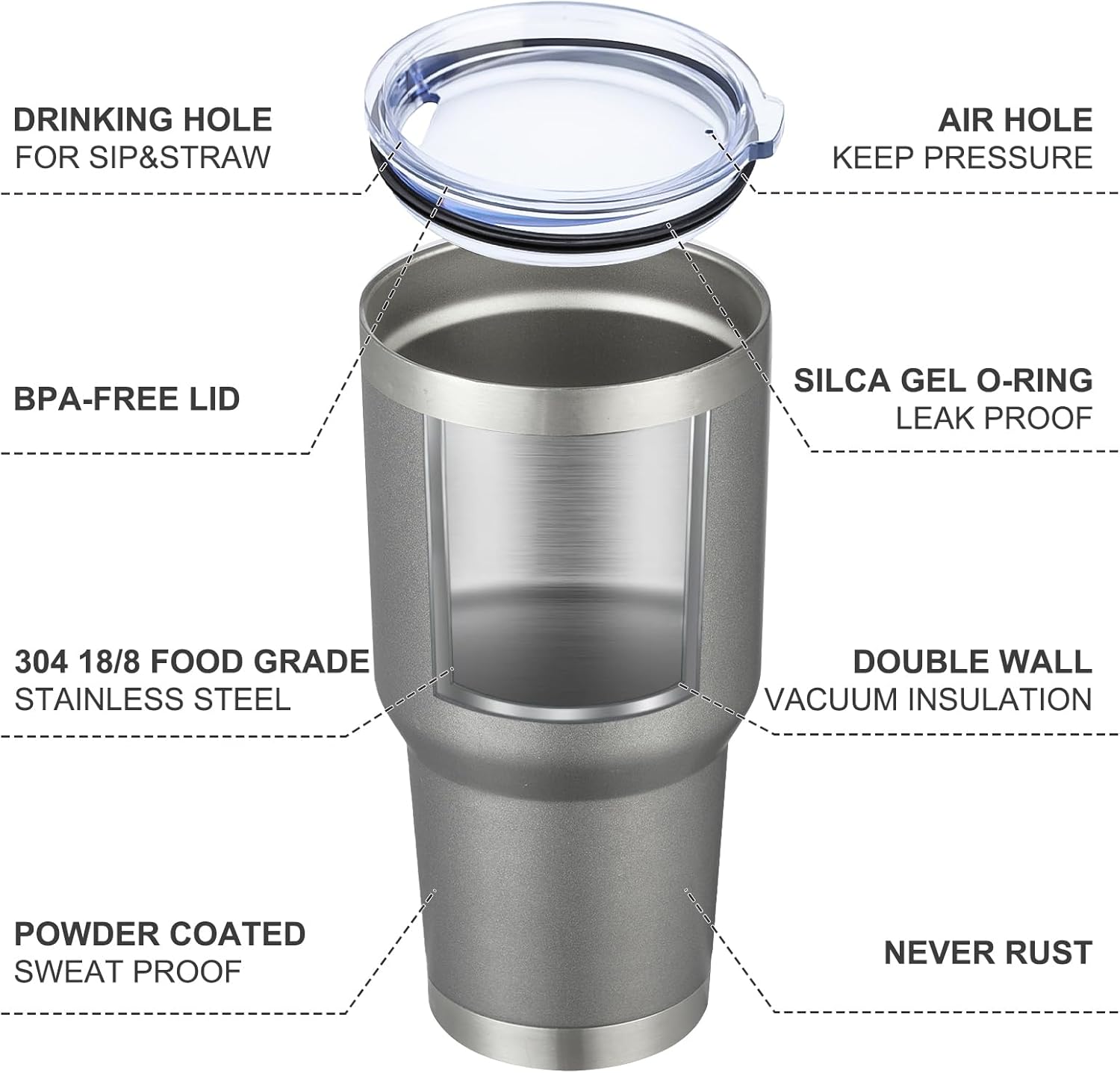MEWAY 30oz Insulated Tumbler With Lids and Straws,Stainless Steel Double Vacuum Coffee Tumbler Cup, Brush, Durable Powder Coated Coffee Cup for Cold & Hot Drinks(Cold Grey,8 PACK) - Image 4
