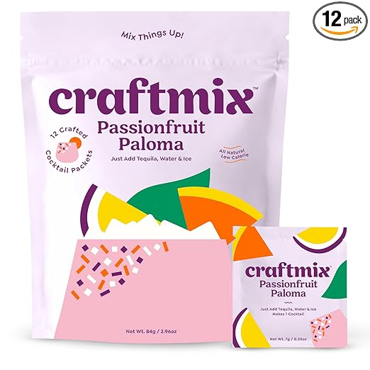 Craftmix Passionfruit Paloma, Makes 12 Drinks, Tequila Cocktail Mixers, Instant Skinny Cocktail and Mocktail Mix - With Real Fruit - Vegan Low Carb, Low Sugar, Non-GMO, Gluten Free, Easy to Mix