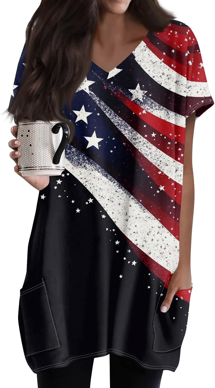 Women's American Flag Shirts, 4Th of July T Shirt, Short Sleeve V Neck Dressy Casual Tops to Wear with Leggings