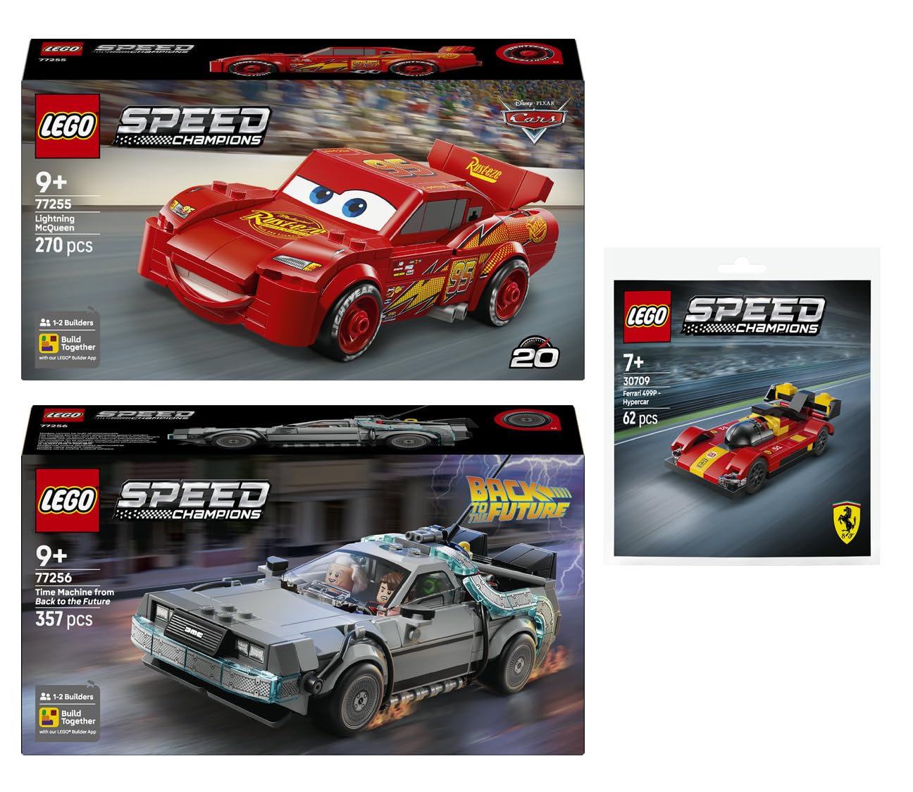 Lego 3-częściowy zestaw: 77255 Lightning McQueen, 77256 wehikuł czasu z powrotem do przyszłości i 30709 Ferrari 499P Supersport samochód