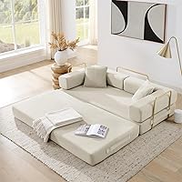 Ivoros 4-in-1 Folding Convertible Sofa Bed, 78" Corduroy Loveseat Sleeper, Boneless Futon Couch with Pull-Out Bed & Fixed Frame (Beige)