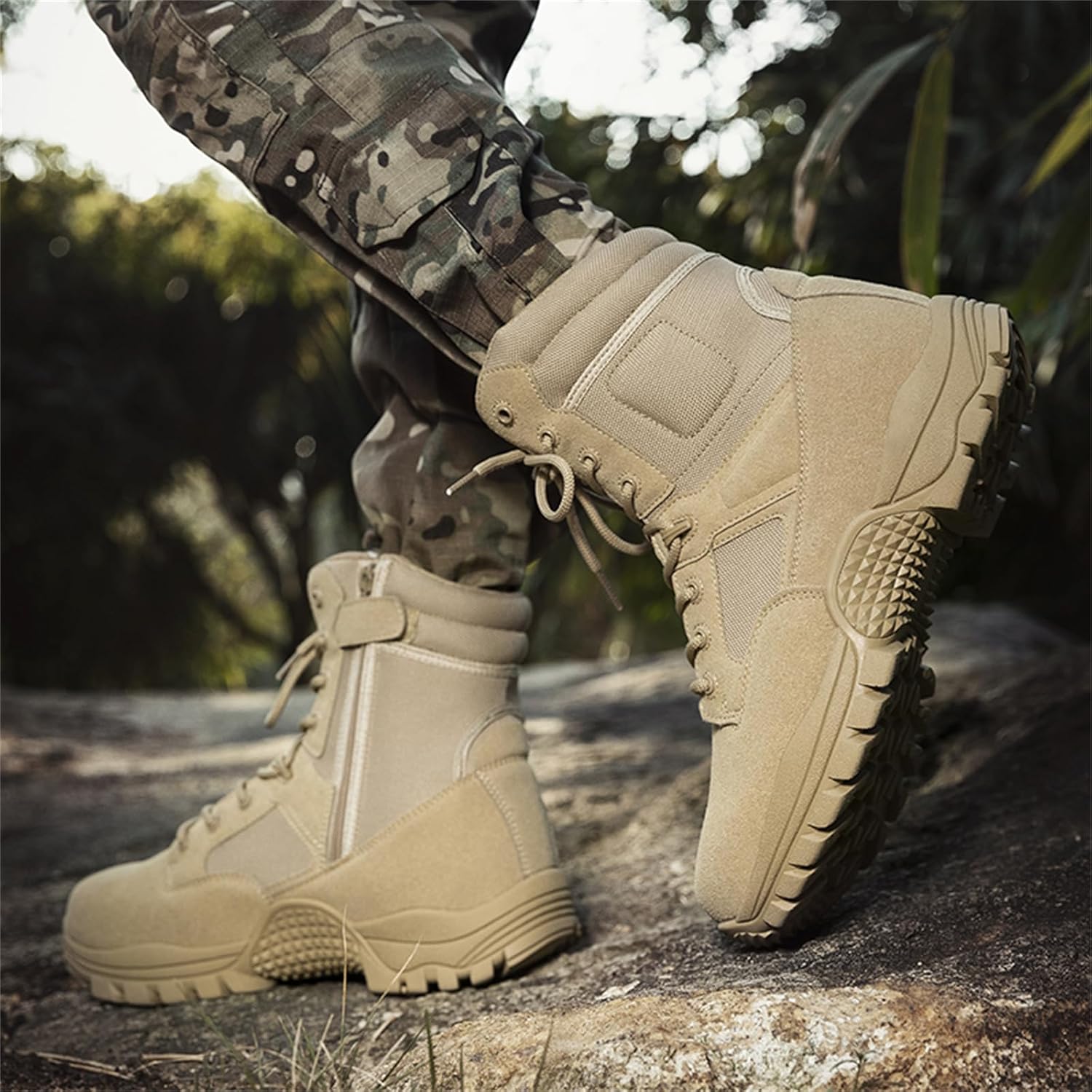 Men Suede Leather High Top Lace Up Military Tactical Boots Lightweight Comfortable Non Slip Cushioned Insole Outsole For Outdoor Hiking Camping Training Hunting Jungle Combat Backpacking