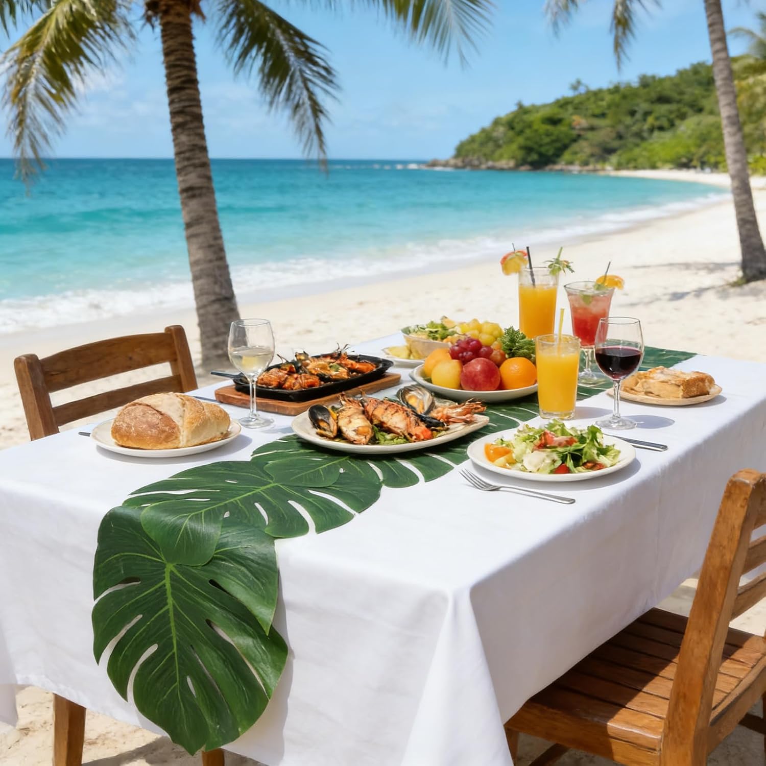 6Pcs 72in Artificial Palm Leaves Table Runner, 3 Styles Leaf Table Runner | 6Pcs tropical palm leaf table runners in 3 styles. Perfect for luau Hawaiian wedding. Great summer party table wall decor.