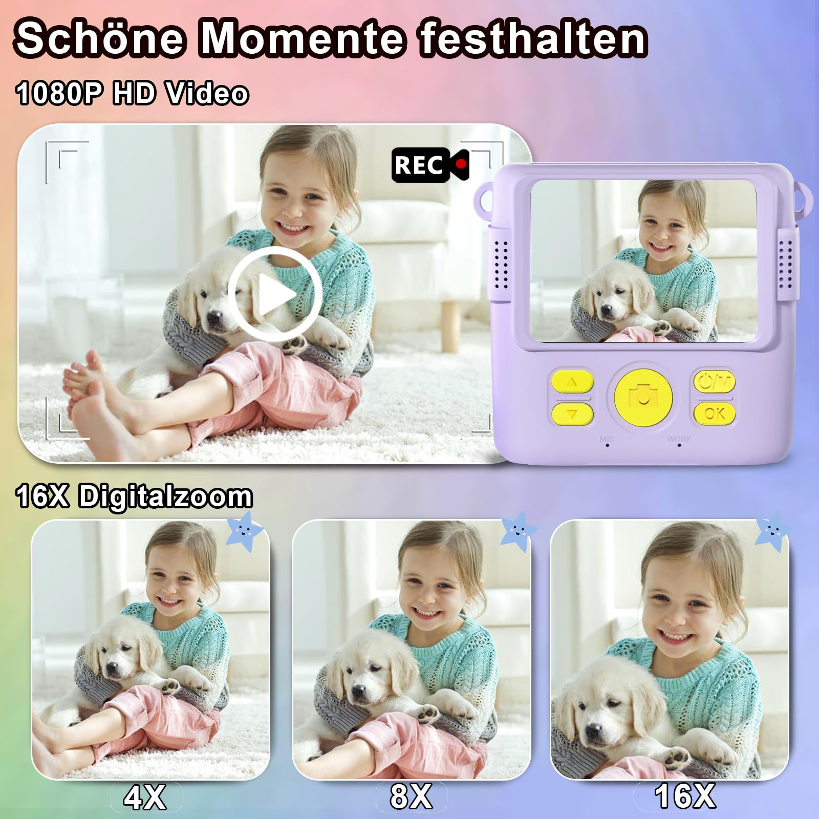 GKTZ Sofortbildkamera Kinder 1080P HD Sofortdruck Geschenk für Mädchen 5-10 Jahre (Lila)