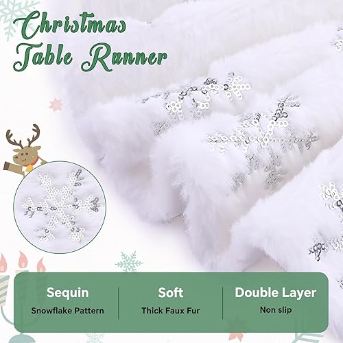 Miniatura 4 de Camino de mesa blanco de 13 x 72 pulgadas, camino de mesa de Navidad con lentejuelas plateadas, camino de copos de nieve para Navidad, invierno,