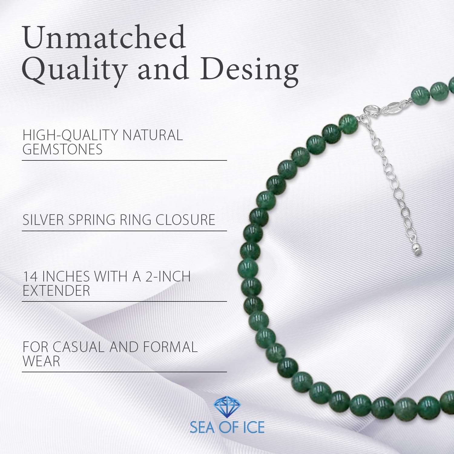 SEA OF ICE Precious Gemstone 6mm Round Beads Necklace 14" Plus 2" Extender with Sterling Silver Spring Ring Clasp