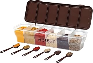 Multipurpose 6-in-1 Masala Box for Kitchen| Airtight BPA-Free Plastic 6 Section Storage Container with 6 Spoons, 1800 ml Transparent Pickle Box for Spices| Dry Fruits, Snacks Pack Of 1 (Brown)