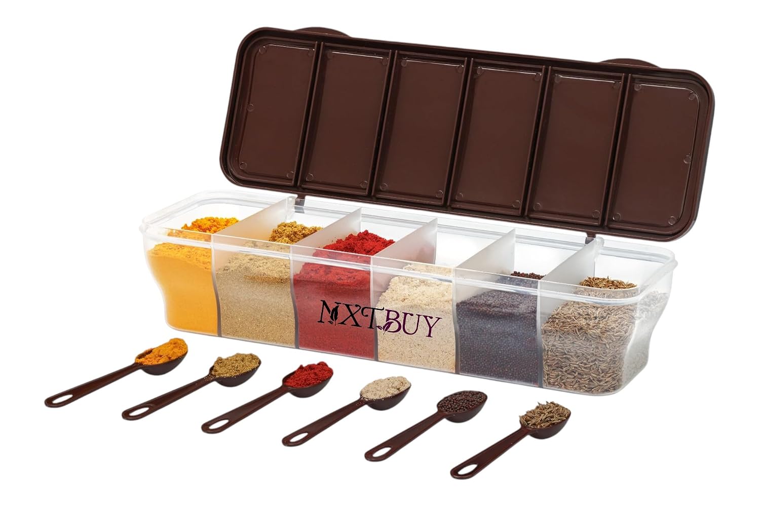 NXTBUY Multipurpose 6-in-1 Masala Box for Kitchen| Airtight BPA-Free Plastic 6 Section Storage Container with 6 Spoons, 18...