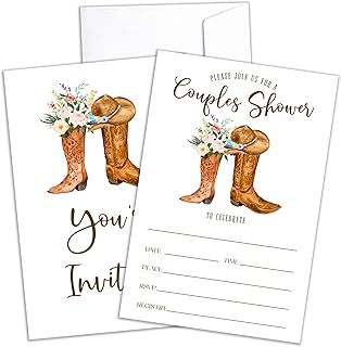 Bridal Shower Invitations, Cowgirl Wedding Shower Invites, Western Engagement Banquet Celebration Party Suppiles For Couple, 25 Floral Fill In Invites Cards With Envelopes -A02