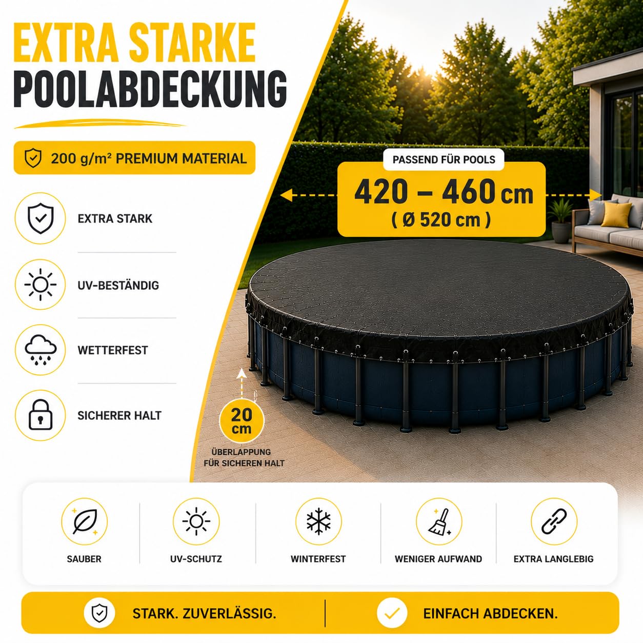 Runde Poolplane aus hochwertiger, extra starker 200 g/m² Folie – UV-beständige Solarabdeckung für ganzjährigen Einsatz im Sommer & Winter – langlebige, schwarze Poolabdeckung (420 – 460 cm (Ø 520 cm))