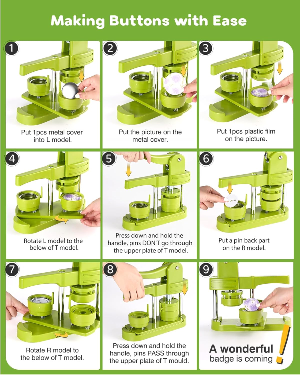 Aiment 44mm Button Maker Kit – 1.73 Inch Button Maker Pin Badge Press Machine with 100PCS Parts & Circle Cutter & Cutting Mat, Perfect for DIY Crafts & Personalized Gifts