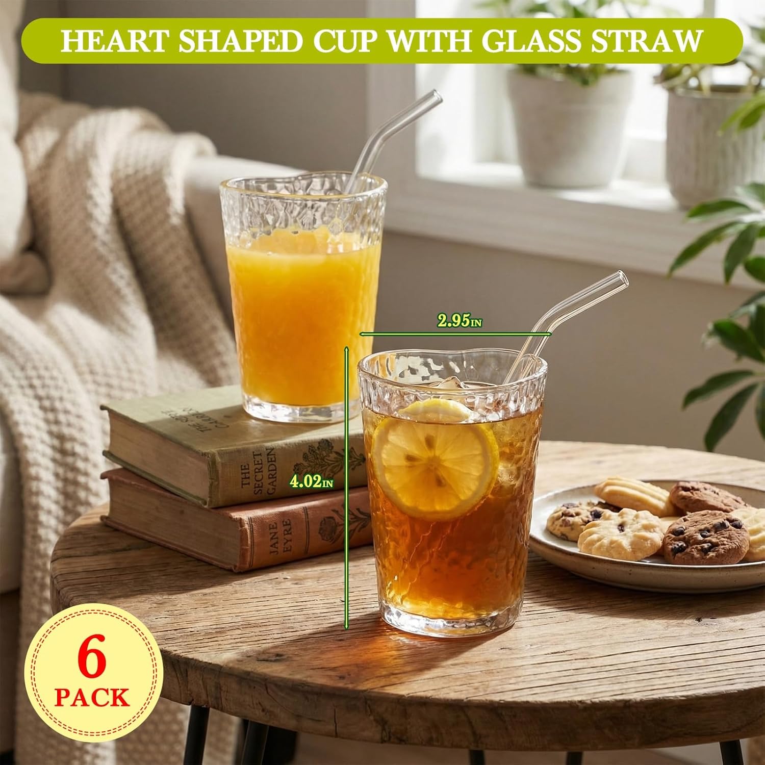 Skylety 6 Sets Heart Glass Tumbler with Straw Clear Ribbed Coffee Glasses Love Drinking Cup for Milk Juice Tea Summer Drinkware Wedding Birthdays Decor School Supplies, 5 oz(Hammered) - Image 3