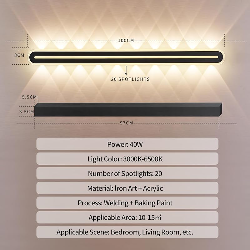 SUCIKORIO 100 cm LED Fali Lámpa - 40W Modern Fekete Világítás 3000K-6500K, 5-100% Szabályozható, Távirányítóval és Applikációval Hálószobába