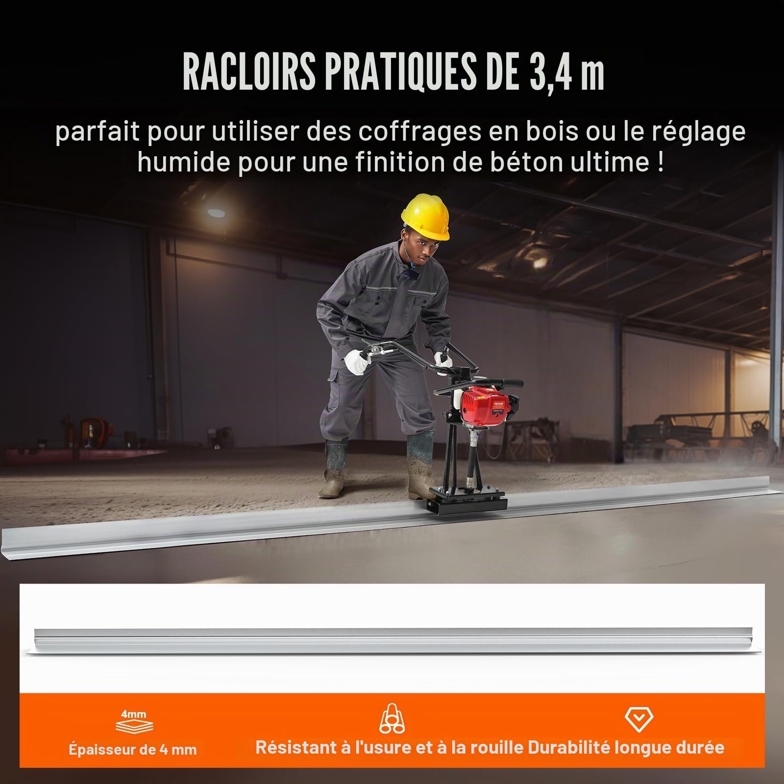 VEVOR Chape électrique pour béton à gaz 3370 mm kit flotteur barre aluminium 6500 tr/min finition ciment 4 temps poignées réglables
