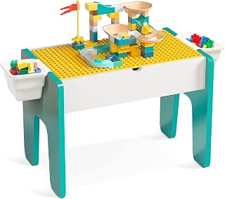JELLYRATTBIT 5 in 1 Multi Wooden Kids Activity Table with 100Pcs Building Blocks and Storage Boxes, All-in-One Kids Play Table, Drawing Table, Learning Table, Eating Table for Toddlers