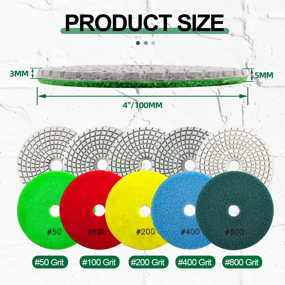 Diamond Polishing Pads Set - 10pcs 4"/100mm Wet Countertop Polishing Pads+1pc Backer Pad of Plastic Body+1pc Adapter 5/8"-11 Thread to Round Shank for Granite Quartz Stone Marble