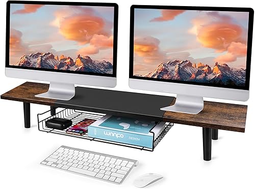 Soporte de monitor doble para 2 monitores, elevador de TV grande con organizador de escritorio de longitud ajustable, soporte de monitor de