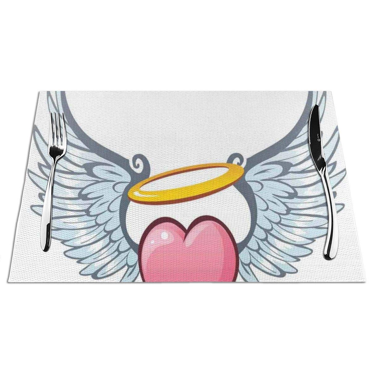 GULTMEE Placemats Heat-Resistant Stain Resistant Anti-Skid Washable PVC Table Mats,Angelic Love Valentines Day Winged Heart Tattoo Style Eros Attraction 4 PCS