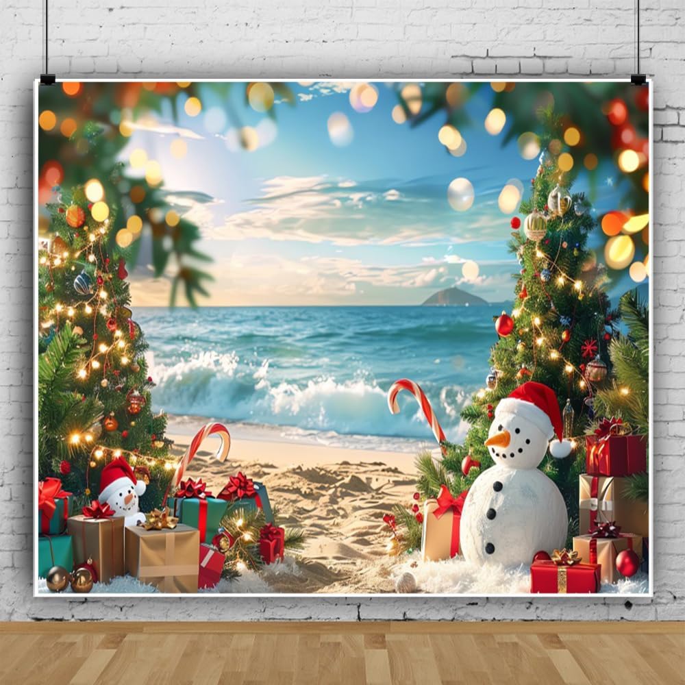 Summer Christmas in July Backdrop 10x8ft Tropical Hawaiian Beach Photography Background Snowman for Xmas Party Decoration Supplies Portrait Photoshoot Studio Photo Booth Props