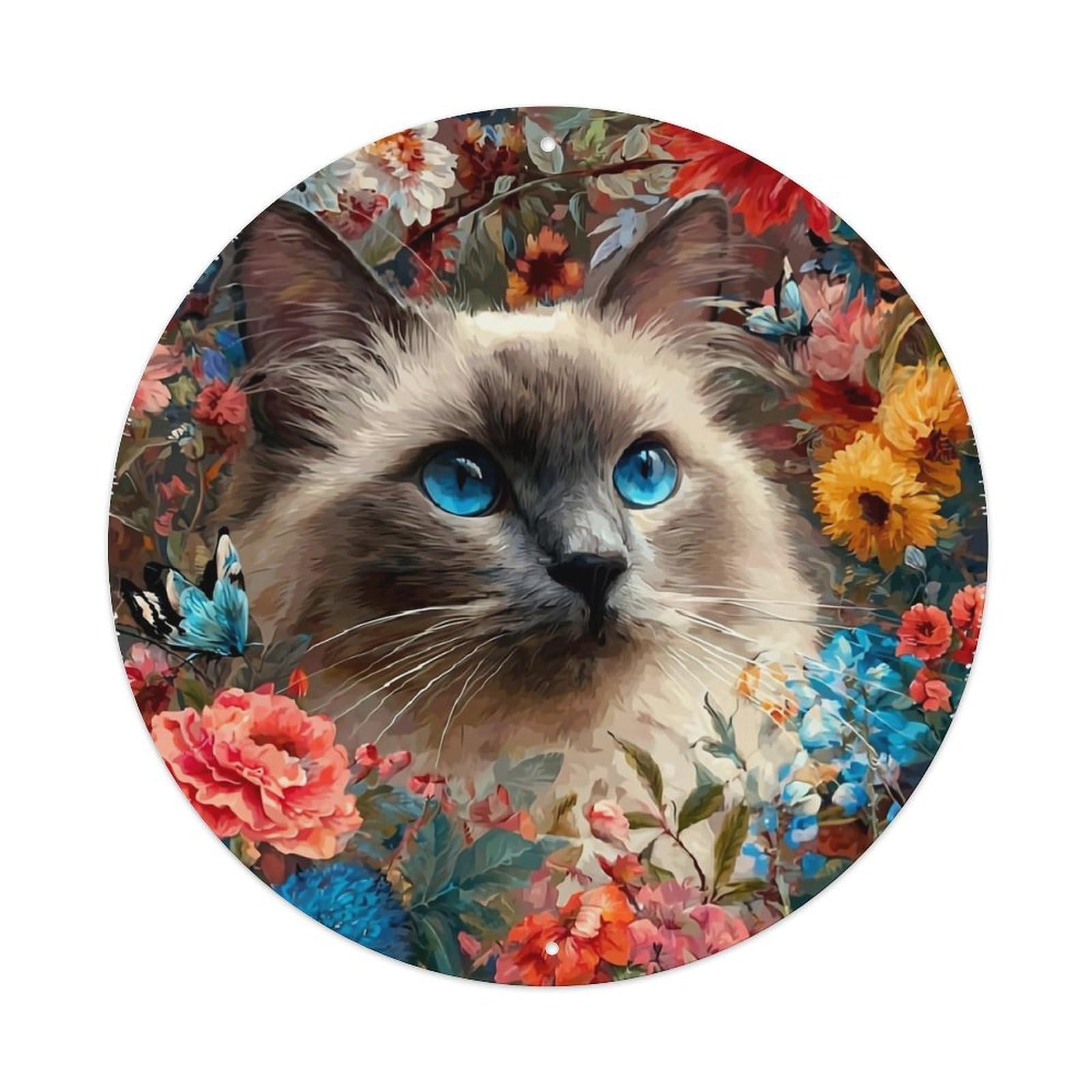 Cat Surrounded By Colorful Flowers Vintage Metal Tin Sign Retro Wall Decor for Home Bar Garage Cafe, Indoor & Outdoor Decorative，circle Metal Poster, 8x8 Inch