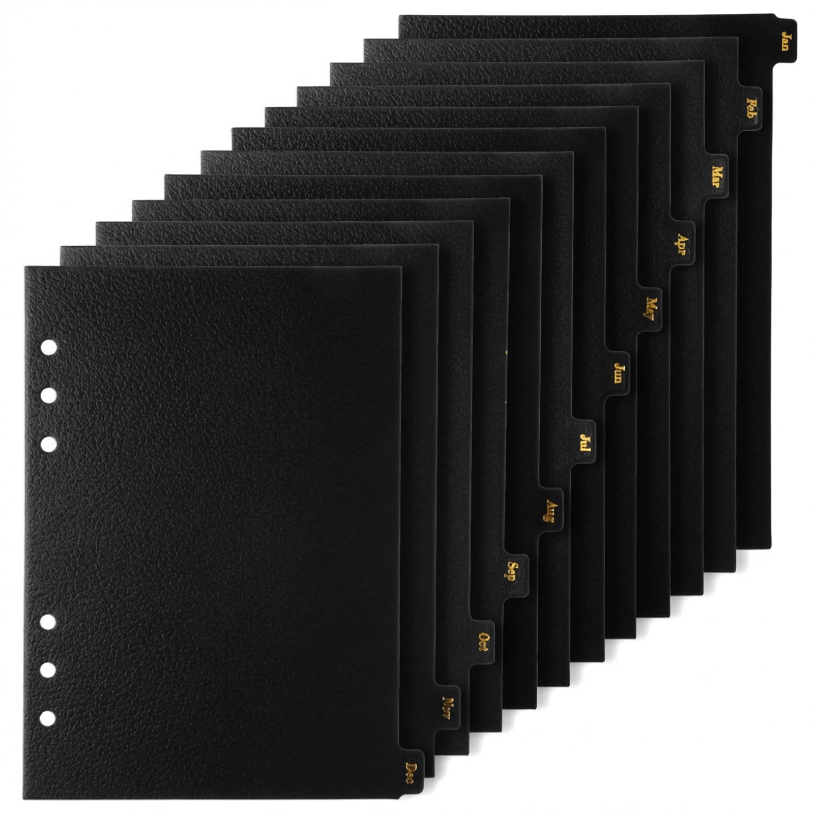 Muiltvoe 12 Pcs A5 Binder Dividers, Leather Textured 6-Ring Binder Inserts with 12 Monthly Index Tabs Black Paper Index Page Separators for Journals Binders Notebooks Planners