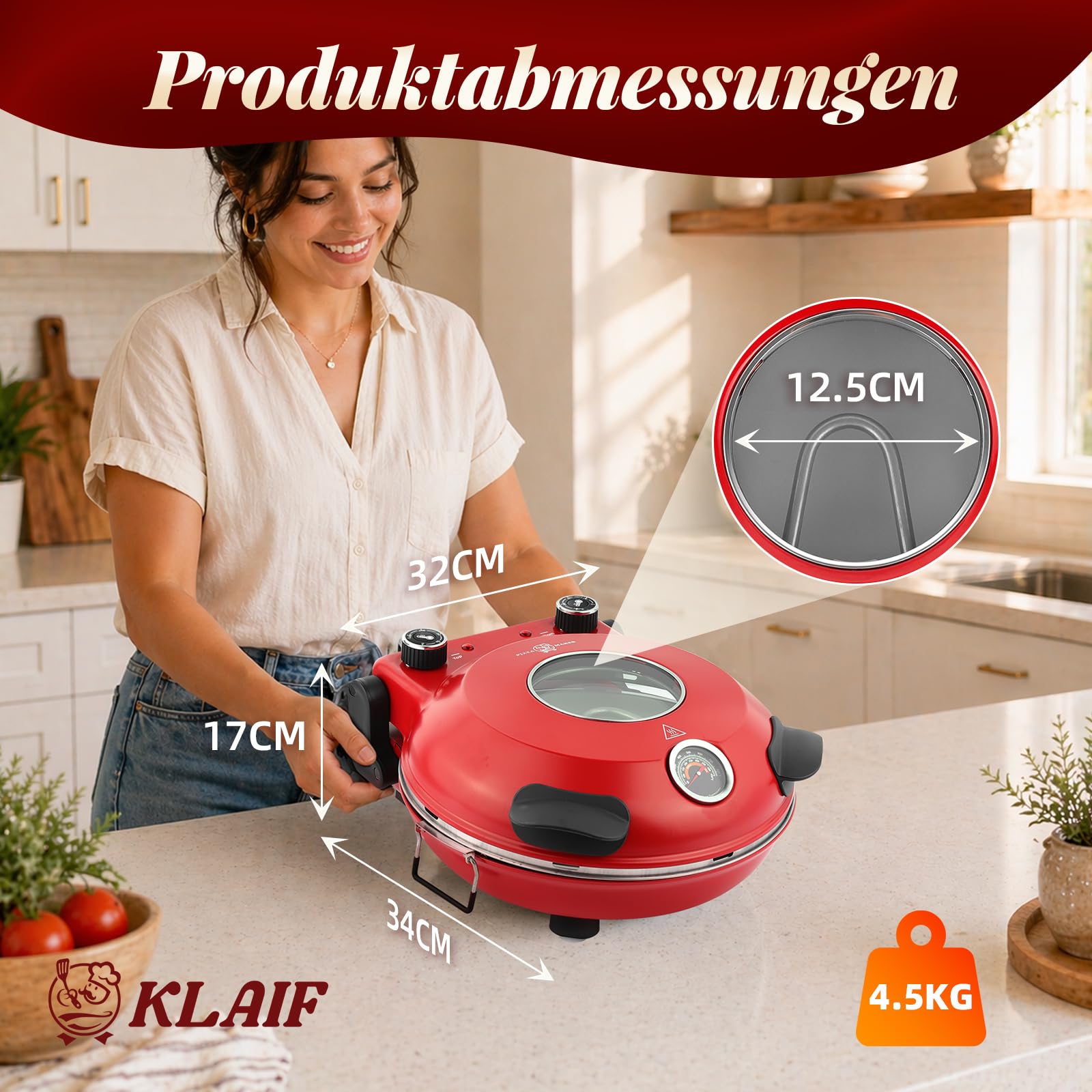 KLAIF Elektrischer Pizzaofen 420 °C, separat regelbare Ober- und Unterhitze, 31 cm Keramik-Pizzastein, inkl. 4-teiligem Pizzazubehör-Set, 1200 W, Modell LMR-Rot
