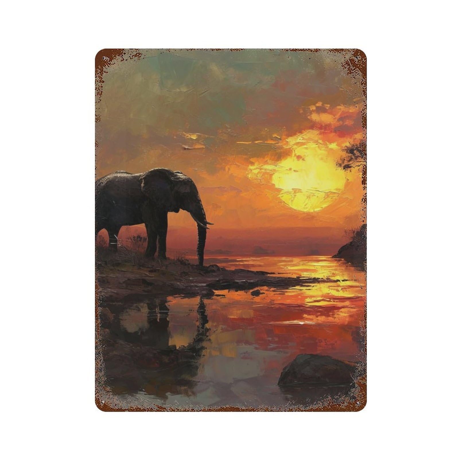 Elephant Sunset 15.7"x11.8" Aged Metal Wall Plaque, Novelty Wall Decor for Garage, Bar And Workshop Decor