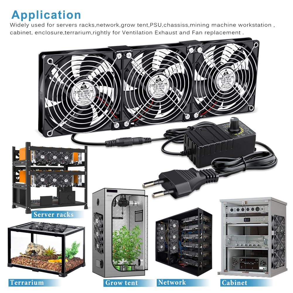 GDSTIME Ventilador de 360 mm para Carcasa - Ventilador de 230 V - 3 x Ventiladores de 120 mm para PC - Ventilador de 230 V de 120 mm - Ventilador de 220 V con Velocidad Regulable DC 4 V -12 V para