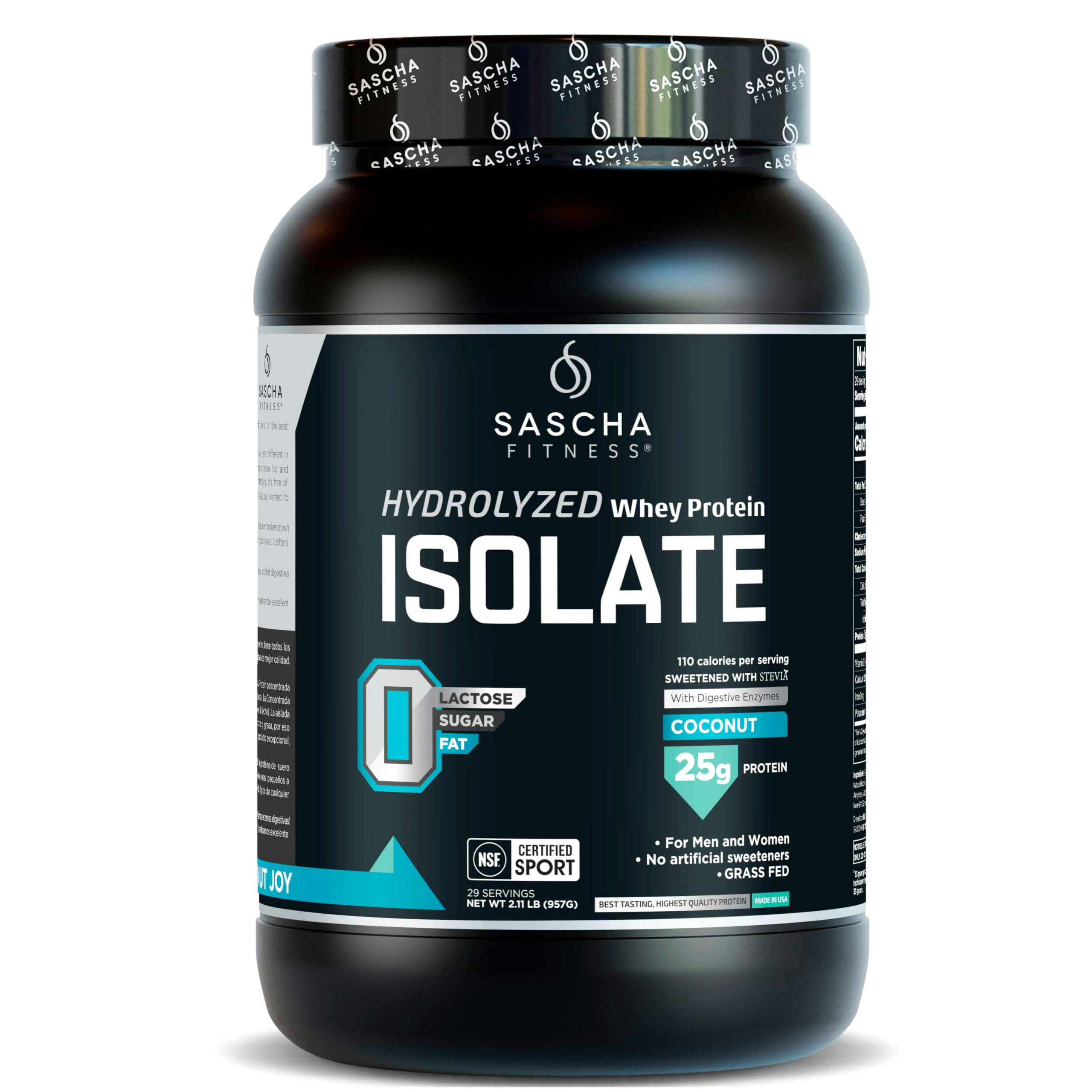 SASCHA FITNESS Proteína Whey Isolate Hidrolizada Grass Fed - Sabor Coco - Sin Lactosa, Sin Azúcar, Sin Gluten - Con Enzimas Digestivas y Stevia - Baja en Calorías y Grasa - 957g (29 Servicios)