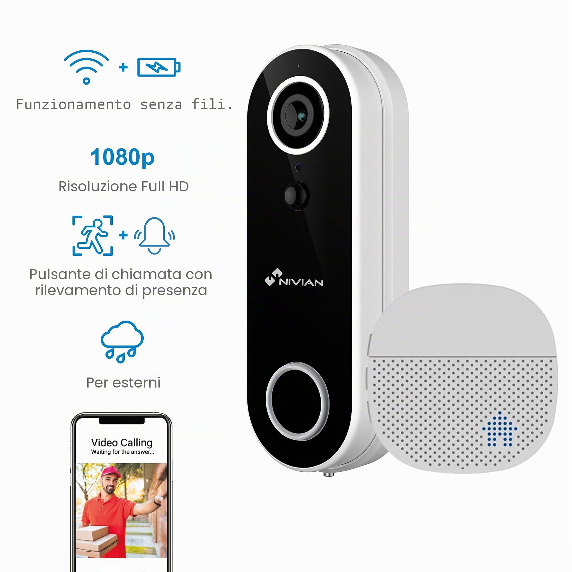 NIVIAN - Video campanello intelligente WiFi con fotocamera Full HD, audio bidirezionale, rilevamento del movimento, visione notturna, batteria ricaricabile, compatibile con app tua, Alexa e Google
