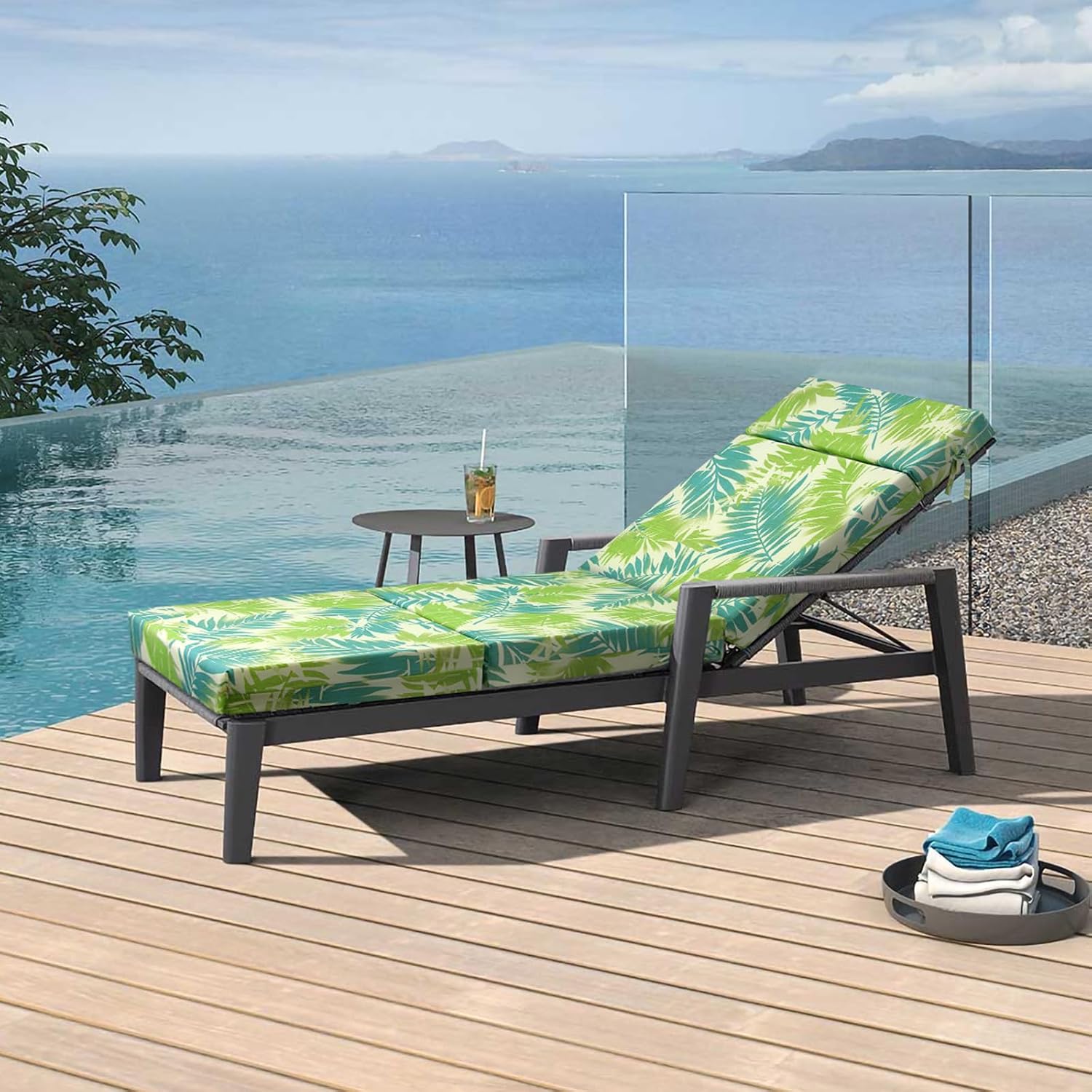 Chaise Lounge Cushion 72x21x3 Inch, Outdoor Water-Repellent UV Resistant Patio Recliner Cushion, Replacement Lounger Pad with Ties & Removable Cover for Poolside Garden Beach, Green Leaf