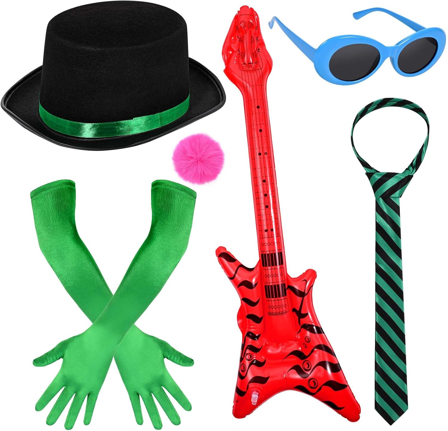 6 Pcs Halloween Green Costume Accessory Top Hat Long Gloves Sunglasses Plush Ball Brooch Tie Bass for Halloween Adult Men Women Cosplay Party Dress Up