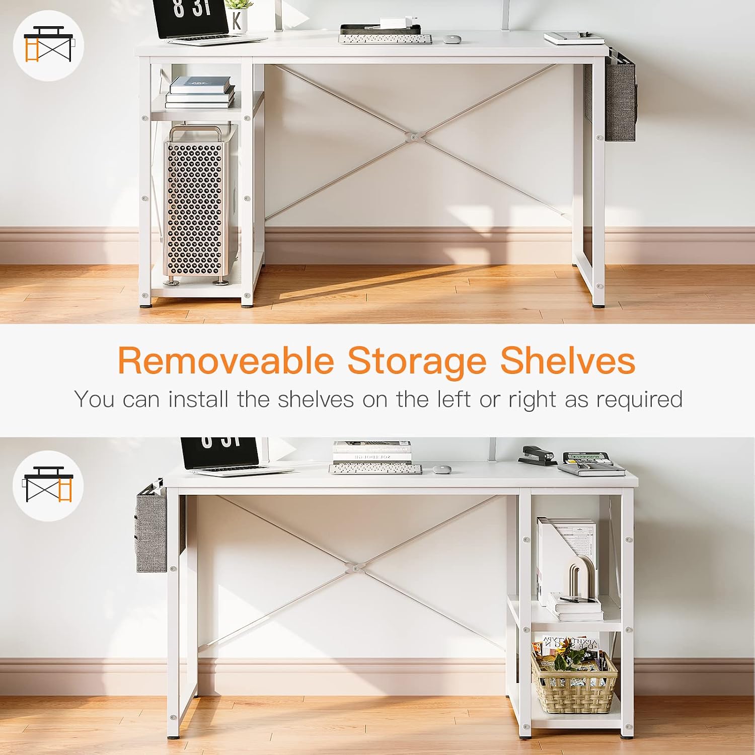 Image demonstrating the reversible storage shelves of the ODK desk