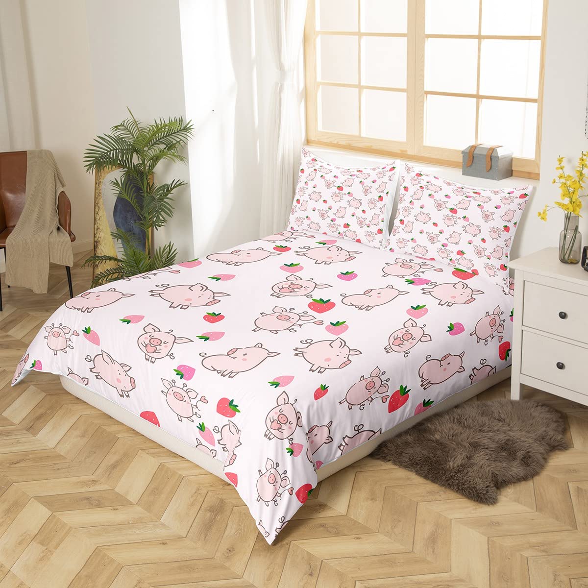 Feelyou Pig Print Duvet Cover Queen Size Cartoon Pigs Comforter Cover Lovely Animal Print Bedding Set Strawberry Pink Bedspread Cover for Kids Boys Girls Adults with 2 Pillow Case