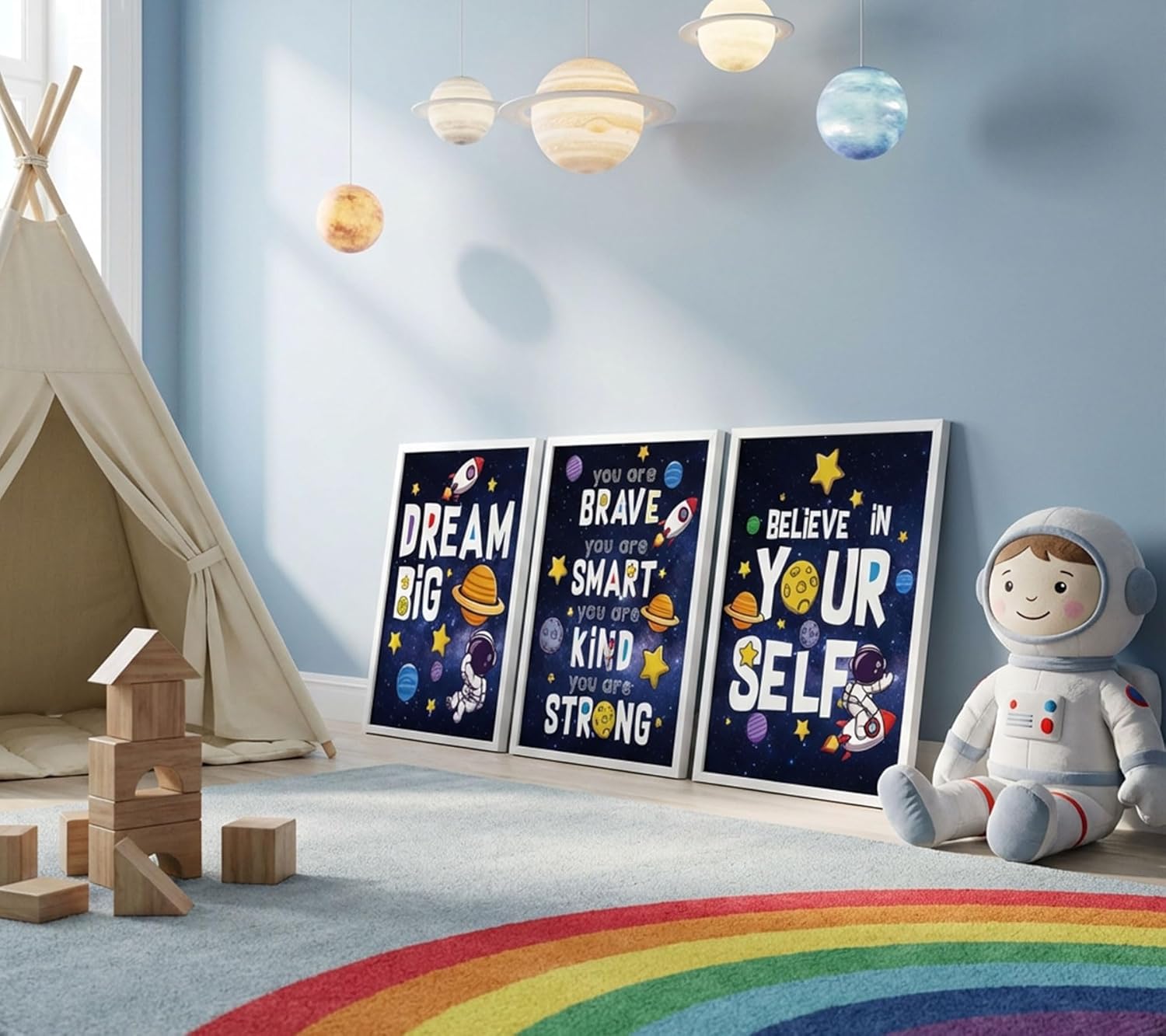 3Pcs Inspirational Space Astronaut Kids Poster Wall Art, Inspirational Quotes Painting Picture Wall Decor, Boys Positive Affirmative Poster Print Artwork for Playroom, Classroom, 16x24in Unframed