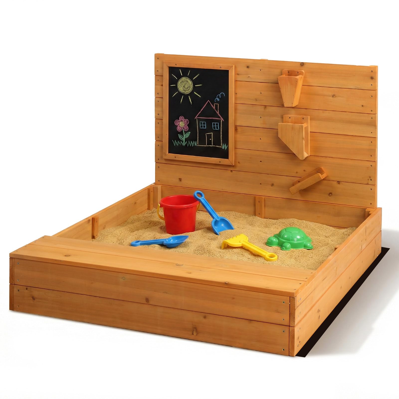 LEADZM Arenero de madera para niños con banco, pizarra y embudo, 120 x 115 x 76,5 cm, gran caja de arena para exteriores, para jardín, playa y parque, para niños de 3 a 12 años