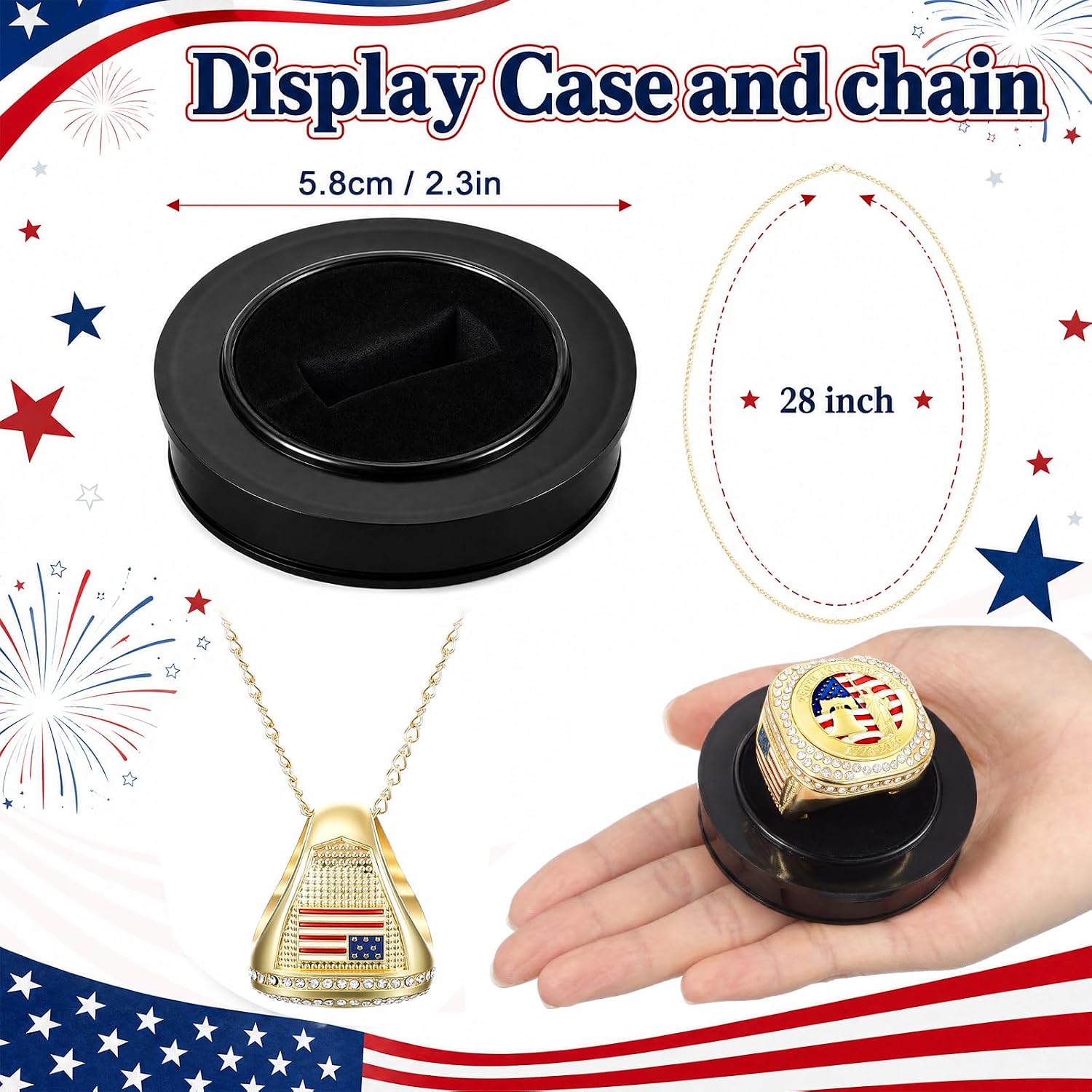 Landical 5 Sets 250th Anniversary Championship Rings with Display Stand Holder and Chains Patriotic American Flag Ring, Trophies, Medals: Gift for Award Ceremony 4th July Decor