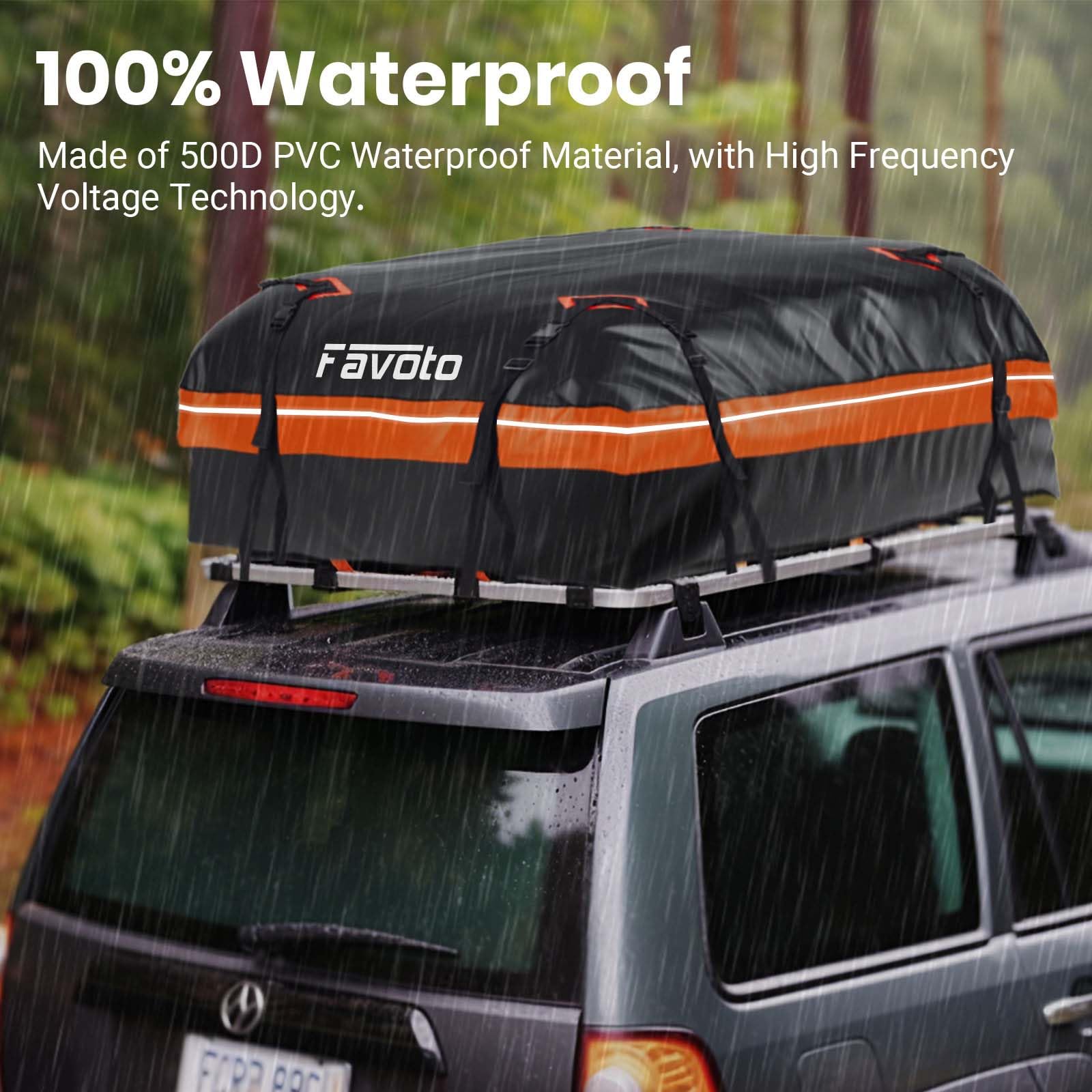 Favoto Dachbox 566L Faltbarer Dachkoffer wasserdichte Dachtasche mit Antirutschmatte Türhaken Verstärkungsgurte für PKW Autos SUVS mit/ohne Gepäckträger Reisen Gepäcktransport Schwarz-Orange