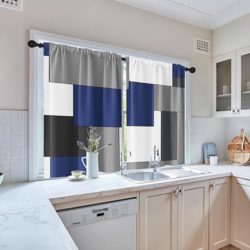Vista 62 de Cortinas geométricas de cocina negras y grises de 63 pulgadas de largo, juego de 2, cortinas grises y blancas para dormitorio, sala de estar, Gris