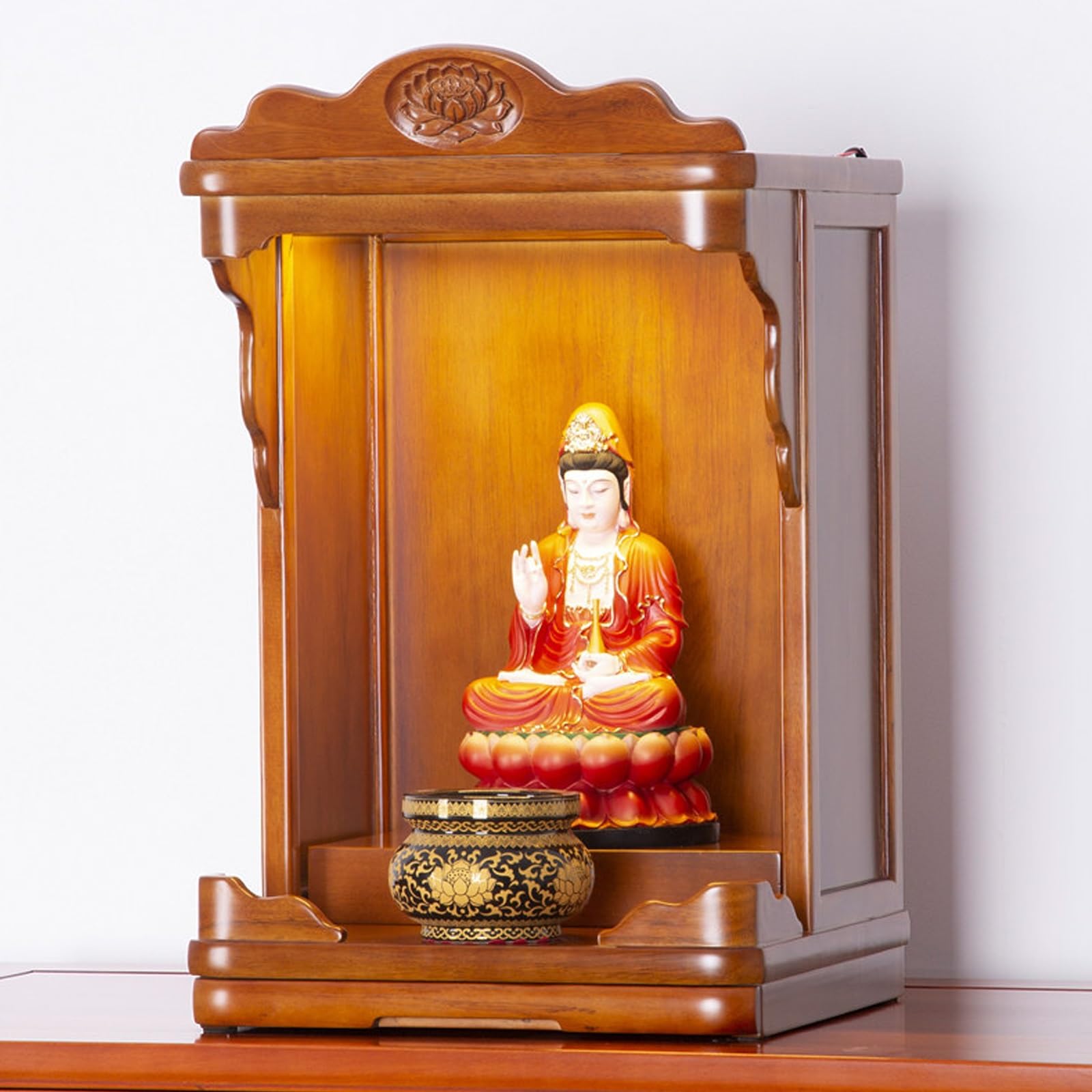 JNTFNE Wall Mounted Tabletop Buddhist Altar Cabinet, Solid Golden Teak Wood with LED Light & Expandable Tray for Home Spiritual Prayer(Rosewood,48cm/18.8in)